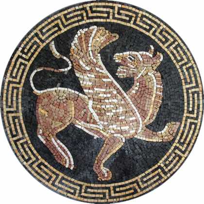 Marble Medallion Tiger with Greek Key Border Mosaic