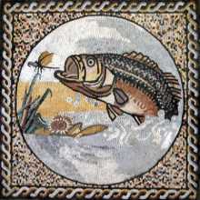 Medallion in Square Wave Border Fish Hunting Mosaic