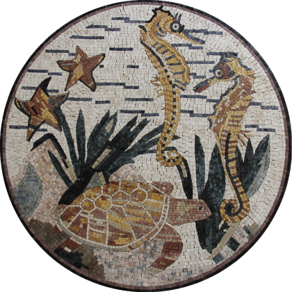 Marble Medallion Seahorse Couple Round  Mosaic