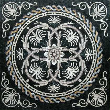 Black & White Elegant Circle in Square Floor Mosaic