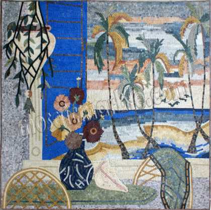 LS66 Window overlooking palm trees and sea scene Mosaic
