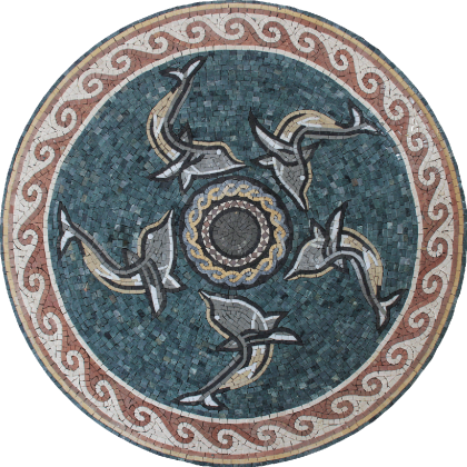 Floor Medallion Dolphins in Circular Swim Mosaic