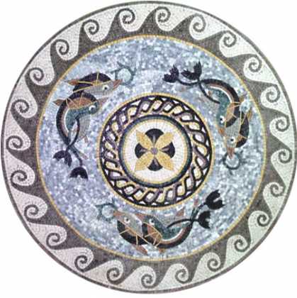 Marble Medallion Circular Dolphins with Waves Mosaic