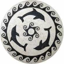 Black & White Marble Medallion Three Dolphins Mosaic