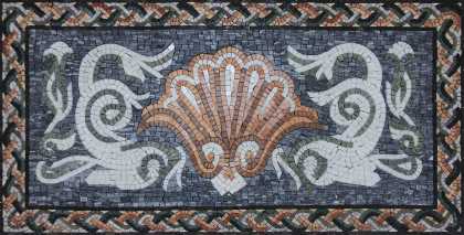 Oriental Pompeii Mosaic with Dolphins and Sea Shell Motif