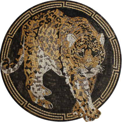 Wild Leopard Mosaic Medallion with Greek Keys